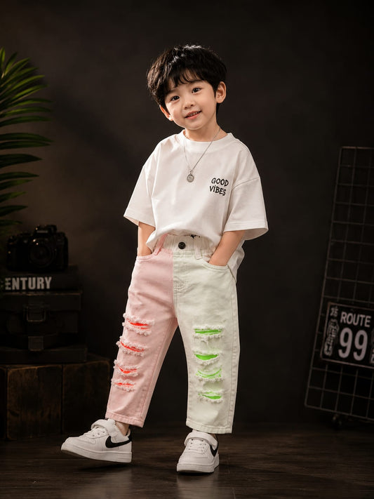 Wanster Kids Premium Color Block Distressed Denim White Jeans | Elastic Waist | Size 18-26