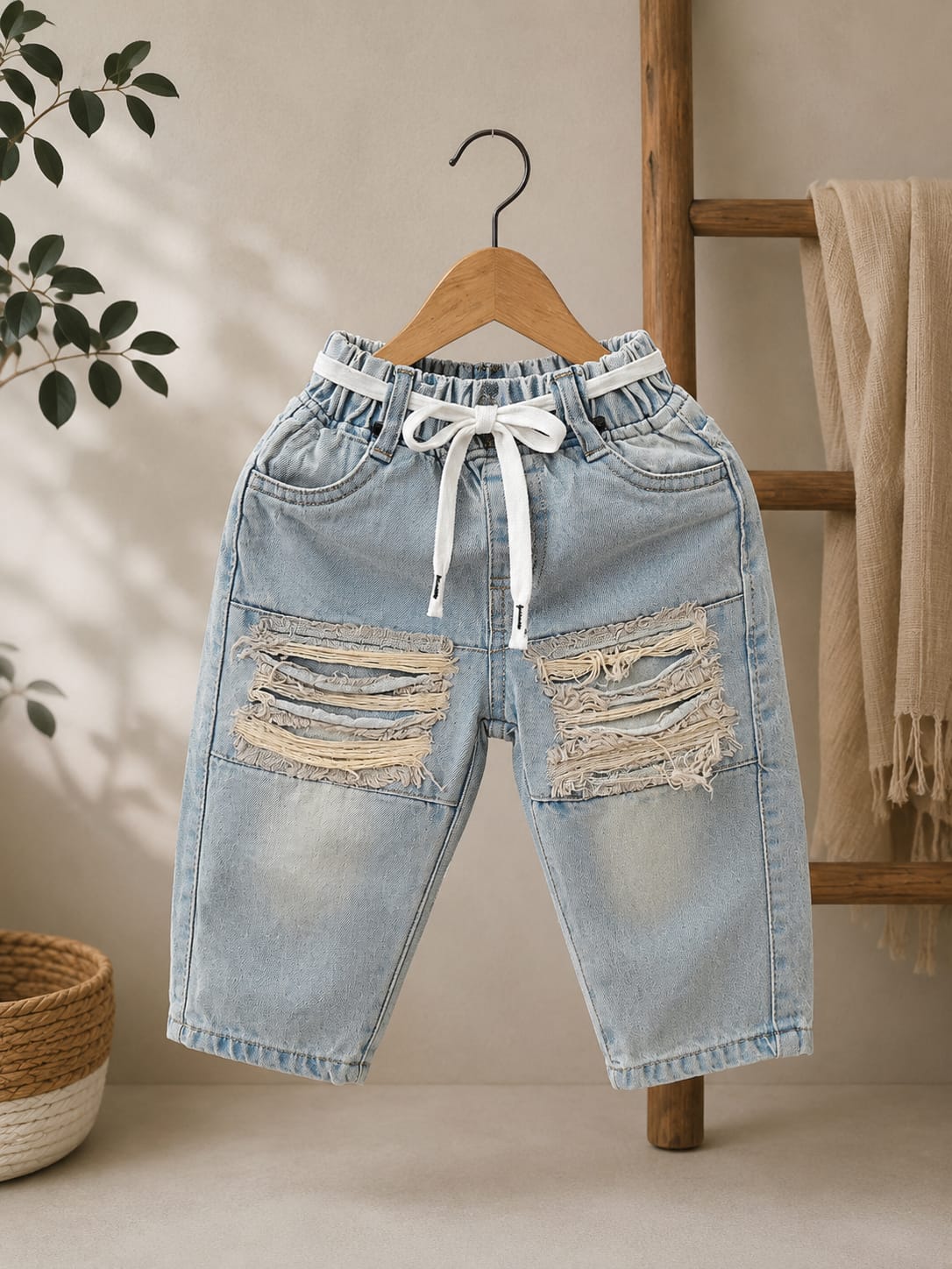 Wanster Baby Boys Ripped Denim Jeans | Premium Soft Elastic Waist | Light Blue | 6 Months to 3 Years