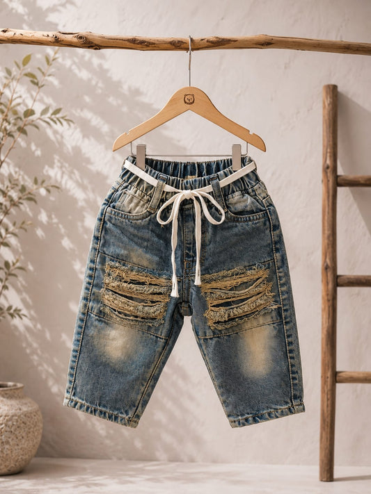 Wanster Baby Boys Ripped Denim Jeans | Premium Soft Denim | Elastic Waist | 6 Months to 3 Years
