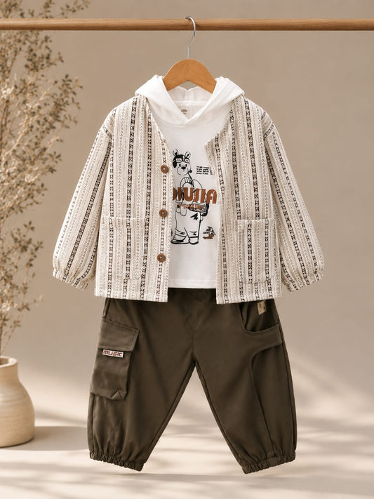 Kids Premium 3-Piece Casual Co-Ord Set | Printed Jacket, Hoodie T-Shirt & Cargo Jogger Pants | Boys | Sizes 18–26