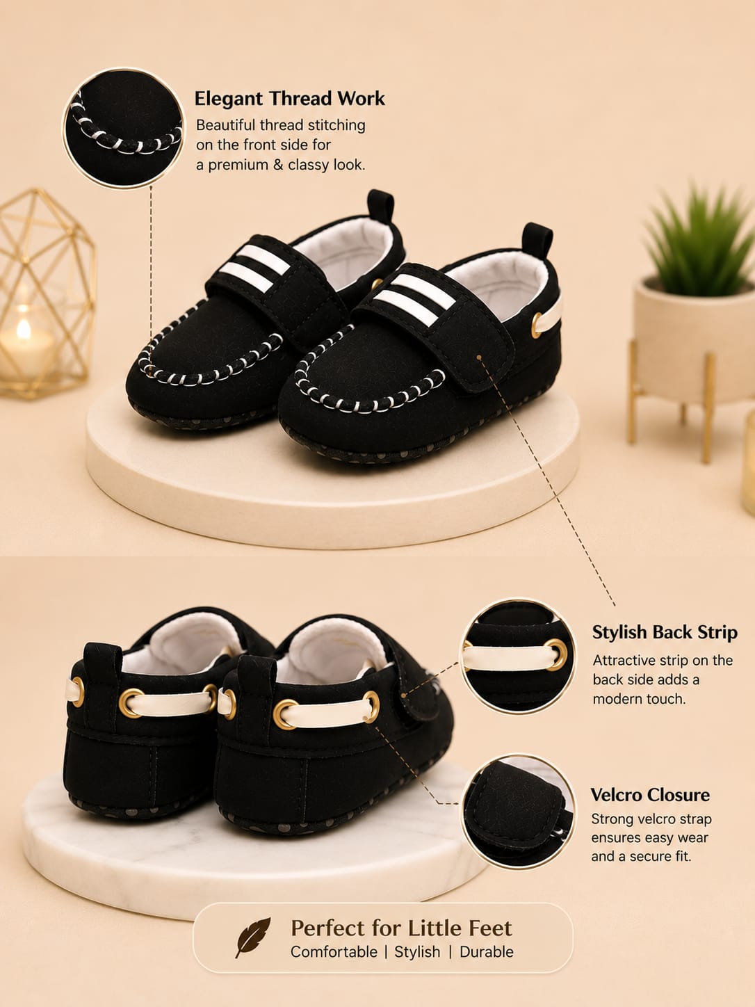 Premium Baby Black Velcro Loafers | Soft Sole First Walker Shoes