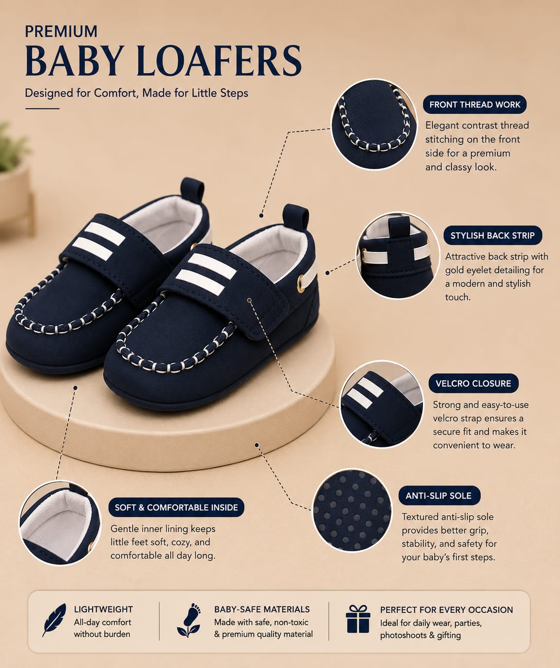 Baby Boys & Girls Soft Sole Casual Loafer Shoes – Navy Blue | Newborn First Walker Shoes 0-3M-6-9M