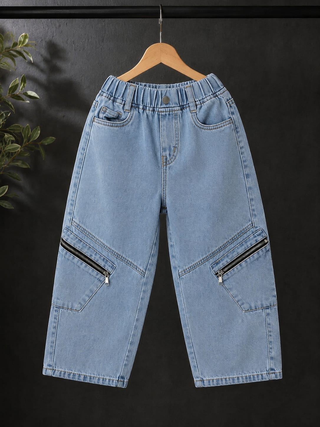 Wanster Kids Light Blue Zip Pocket Cargo Jeans | Premium Denim | Elastic Waist | 6–12 Years