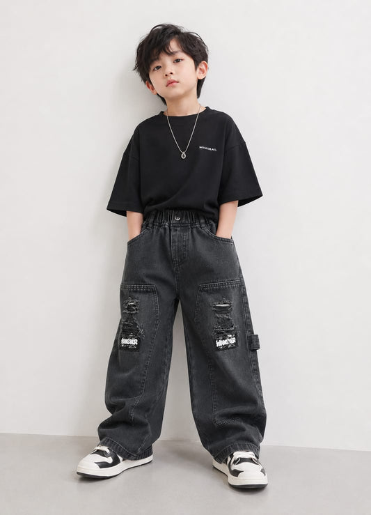 Wanster Kids Black Wide Leg Jeans | Premium Denim | Distressed Patch Design | 6–12 Years