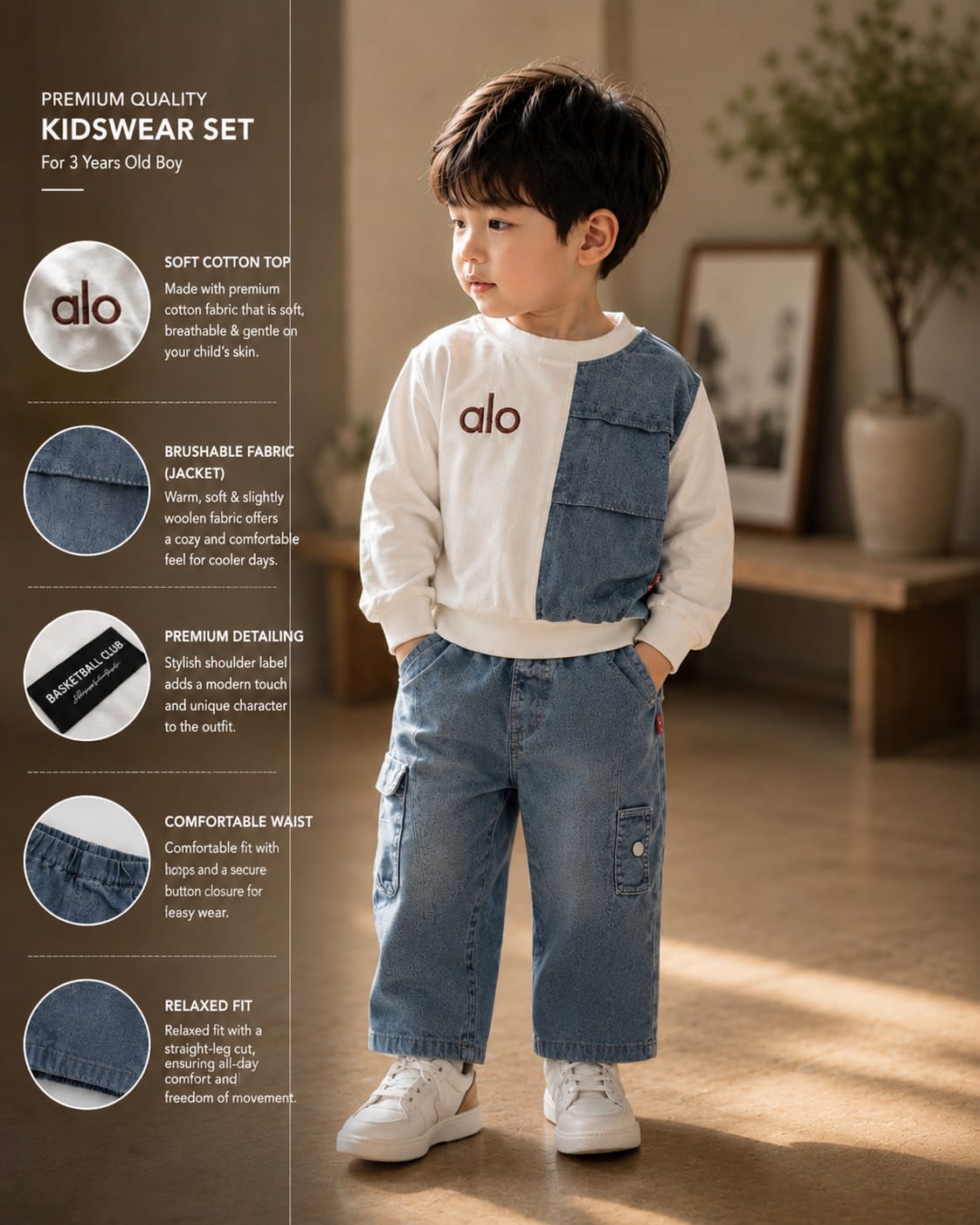 Baby Boys Premium 2-Piece Denim Co-Ord Set | Color Block Sweatshirt & Cargo Jogger Jeans | Casual Outfit | Sizes 18–26