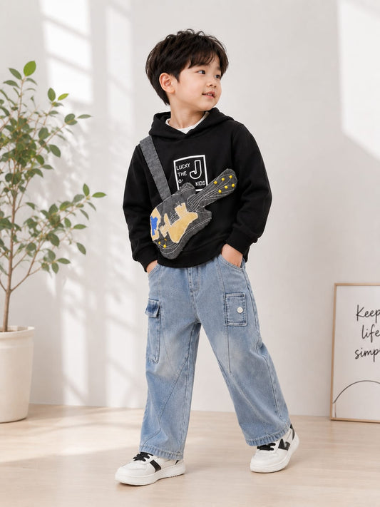 Kids Premium Hoodie & Denim Cargo Co-Ord Set with Guitar Sling Bag | Boys | Sizes 18–26