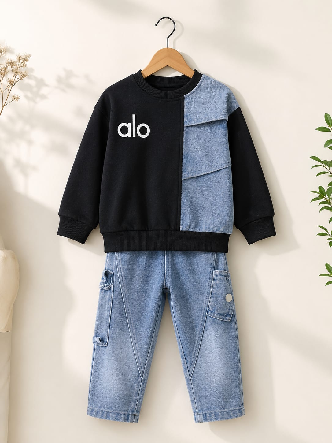Kids Premium Denim Cargo Co-Ord Set | Black & Blue Sweatshirt with Cargo Jogger Jeans | Boys | Sizes 18–26