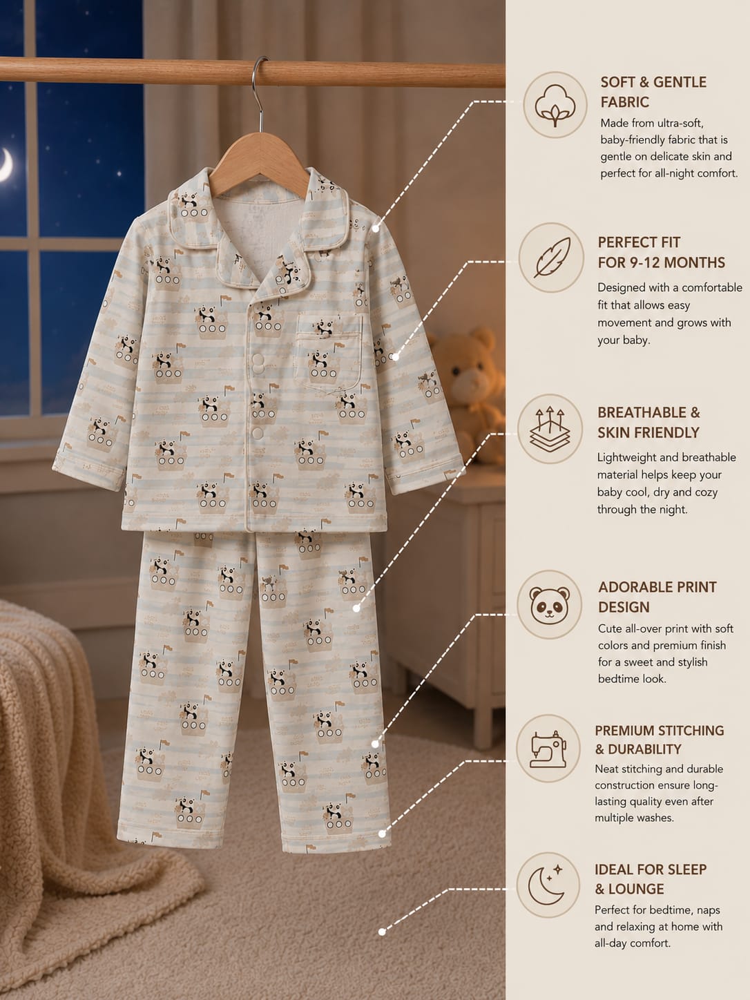 Baby Boys Cotton Night Suit Set – Full Sleeve Shirt & Pajama 2 Pcs Sleepwear | Cream | 6 Months–18/24 Months