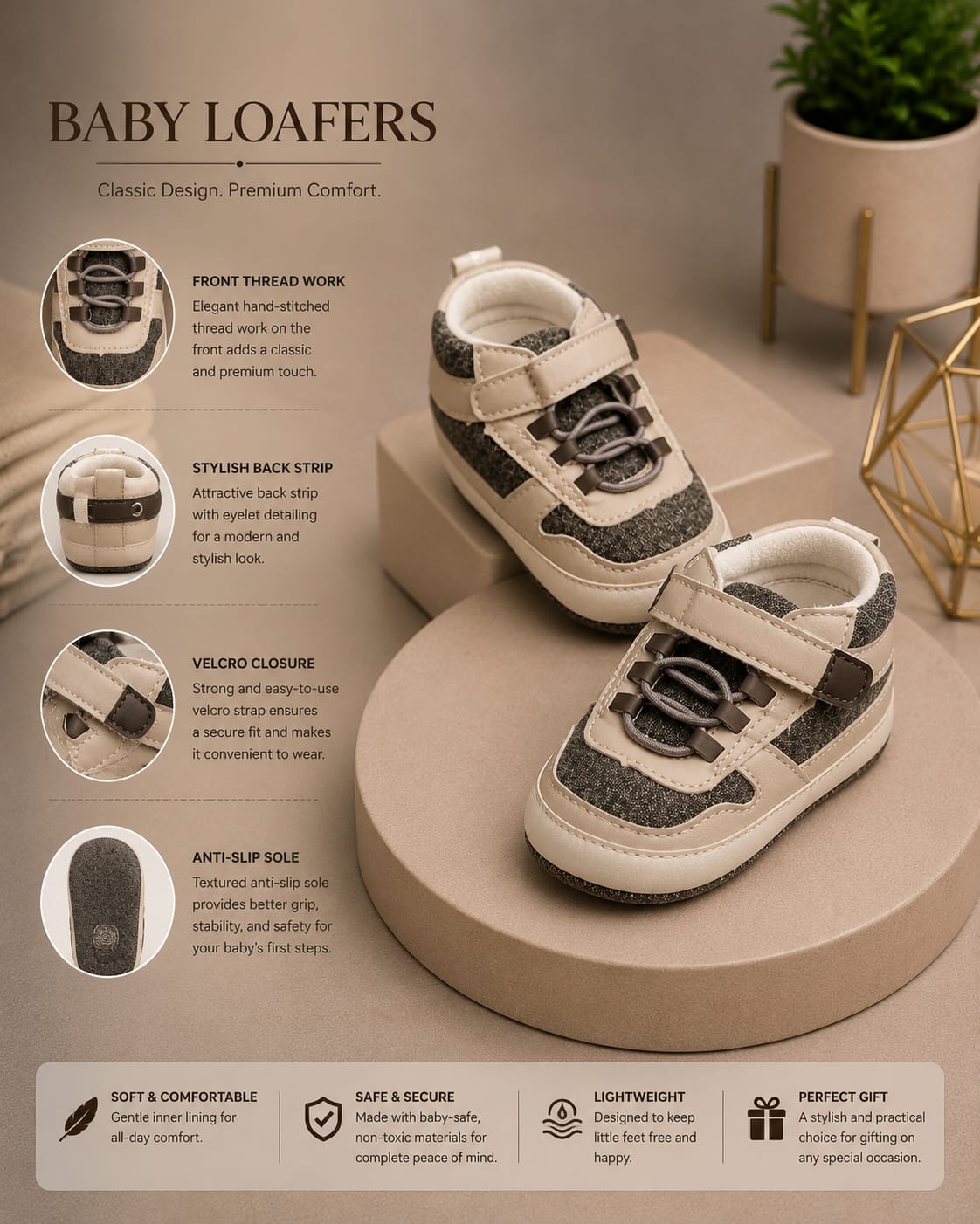 Baby Boys Casual Sports First Walker Shoes – Beige & Grey | Soft Sole Infant Shoes 3-6M - 9-12M