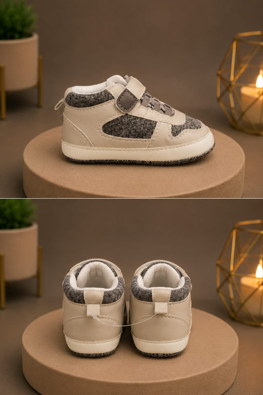 Baby Boys Casual Sports First Walker Shoes – Beige & Grey | Soft Sole Infant Shoes 0-3M - 9-12M