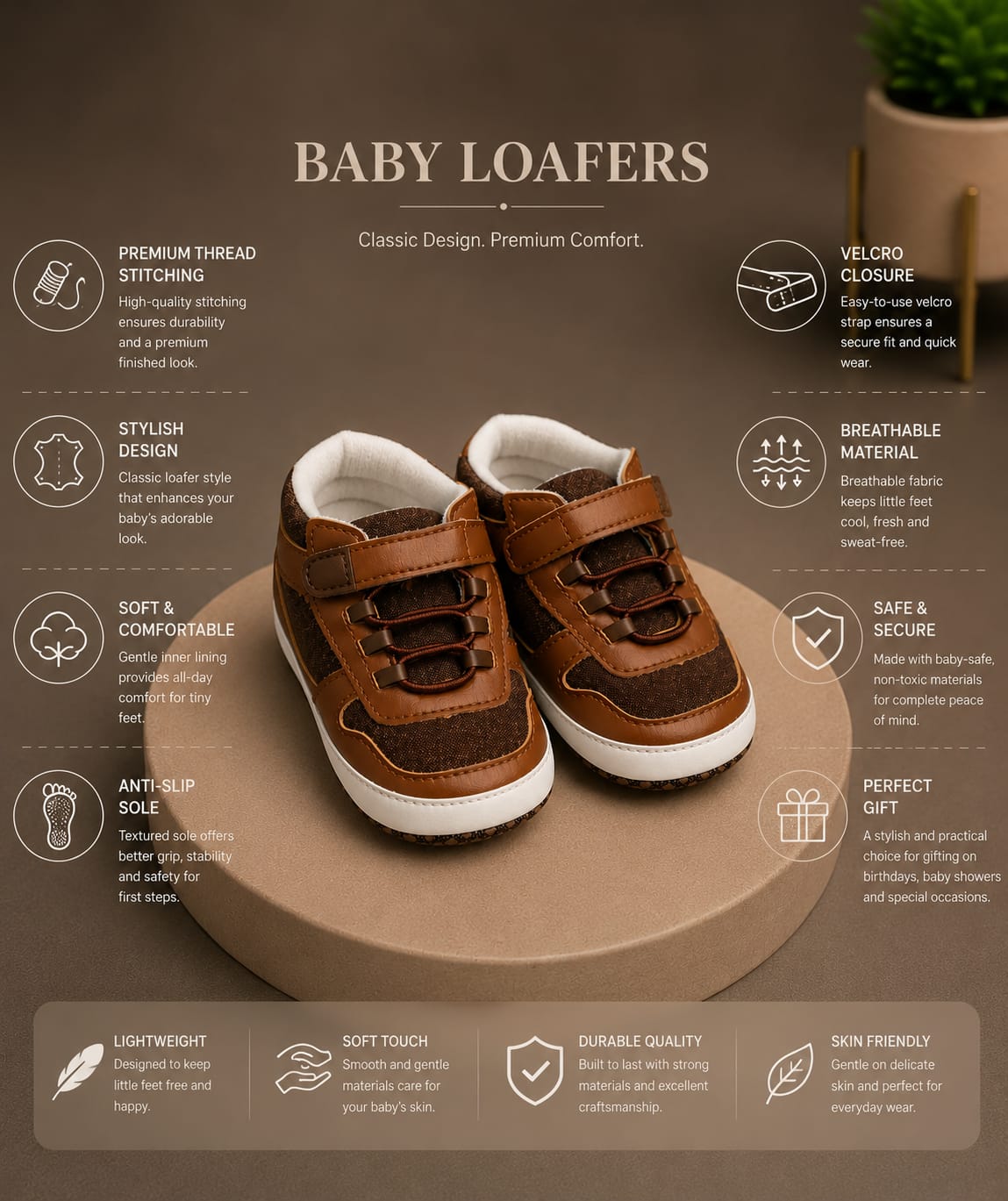 Baby Boys Brown Sports First Walker Shoes – Soft Sole Velcro Casual Shoes 3-6M–9-12M