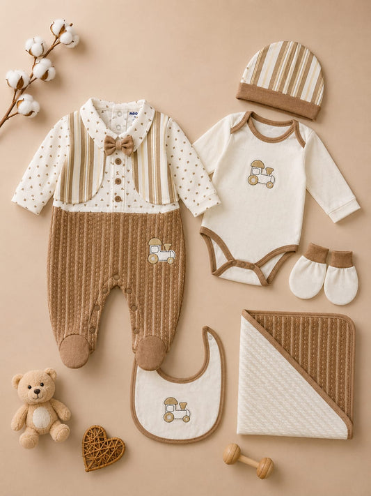 Newborn Baby 6 Pcs Cotton Clothing Set | Soft & Comfortable Baby Essentials Set | Brown & Cream | Unisex