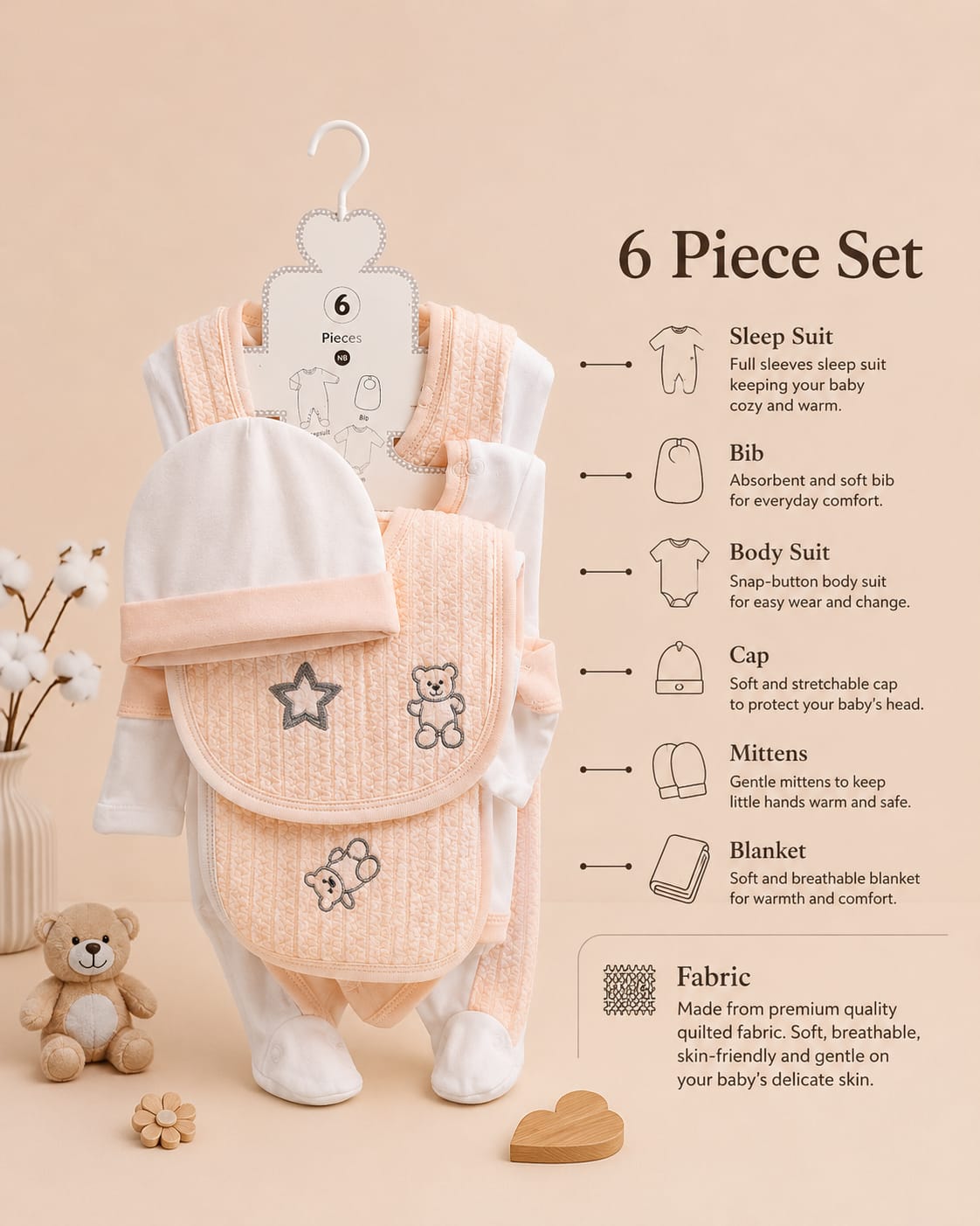 Newborn Baby 6 Pcs Premium Cotton Clothing Set | Soft Baby Essentials Set | Peach & White | Unisex