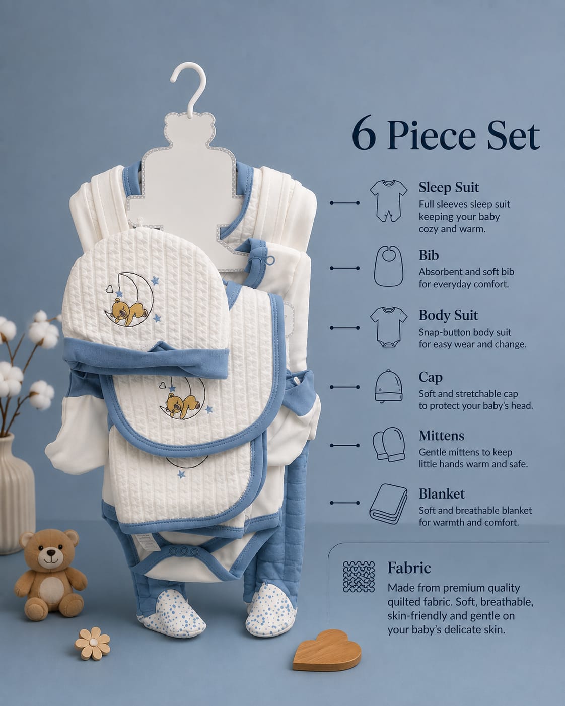 Newborn Baby 6 Pcs Premium Cotton Clothing Set | Soft Baby Essentials Set | Blue & White | Unisex