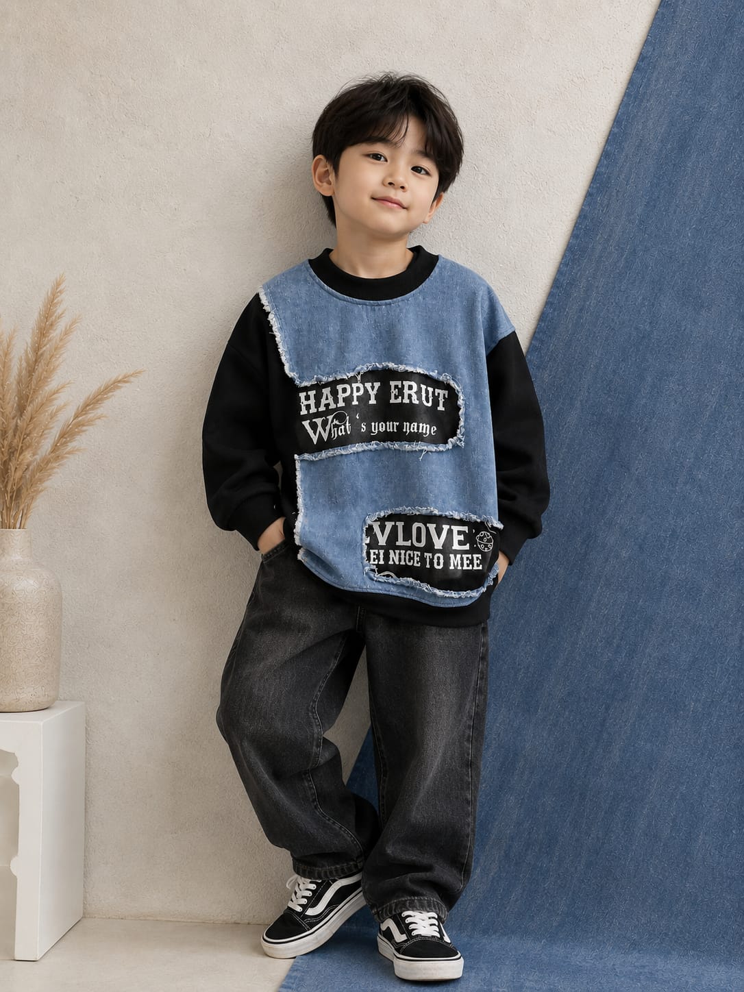 Boys Denim Patchwork Cotton Fleece Sweatshirt | Premium Full Sleeve Casual Sweatshirt | 6–12 Years