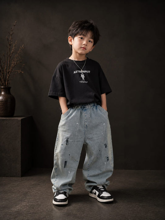 Kids Light Blue Wide Leg Jeans | Premium Denim | Paint Splash Design | 6–12 Years