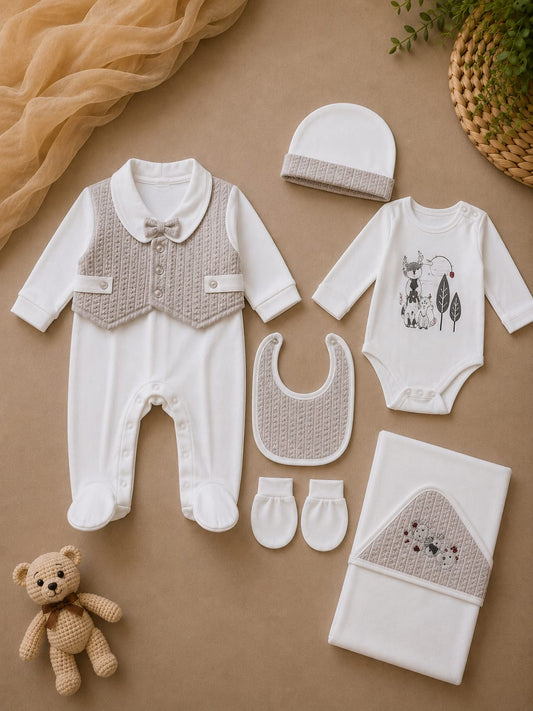 Newborn Premium 6 Pcs Baby Clothing Set | Soft Cotton Romper, Bodysuit, Cap, Bib, Mittens & Blanket | White & Beige