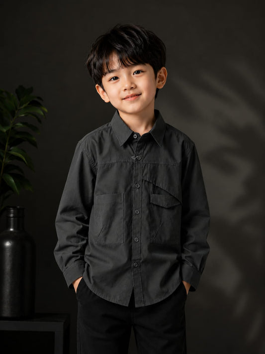 Premium Boys Solid Full Sleeve Casual Shirt | Stylish Cotton Blend Shirt with Utility Pockets | Sizes 2–10 Years