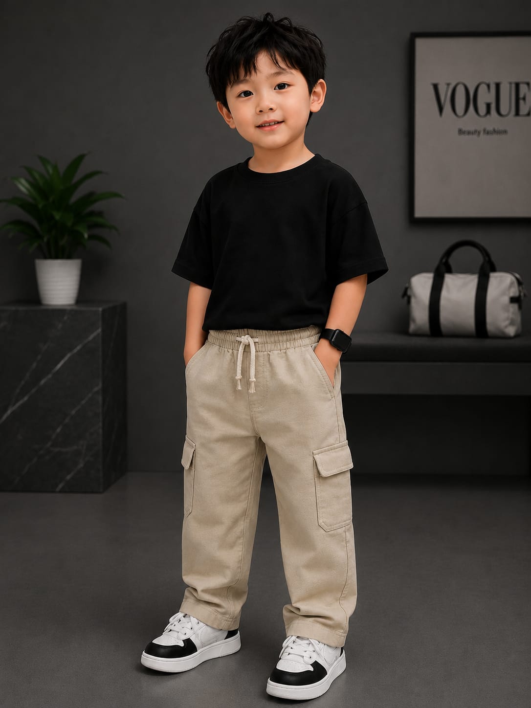 Kids Beige Cargo Track Pant | All Season Soft Cotton Casual Bottom Wear with Cargo Pockets (Size 18–26)