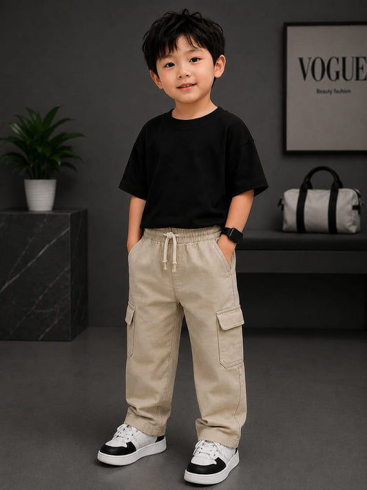Kids Beige Cargo Track Pant | All Season Soft Cotton Casual Bottom Wear with Cargo Pockets (Size 18–26)