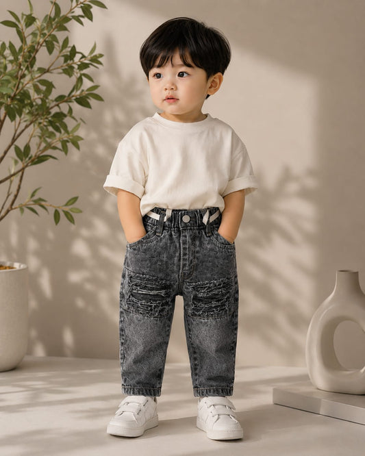 Wanster Baby Boys Ripped Denim Jeans | Premium Soft Elastic Waist | Black Wash | 6 Months to 3 Years