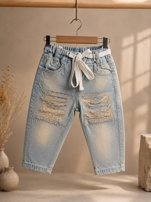 Wanster Baby Boys Ripped Denim Jeans | Premium Soft Elastic Waist | Light Blue | 6 Months to 3 Years