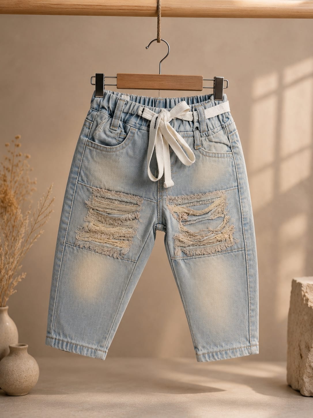 Wanster Baby Boys Ripped Denim Jeans | Premium Soft Elastic Waist | Light Blue | 6 Months to 3 Years