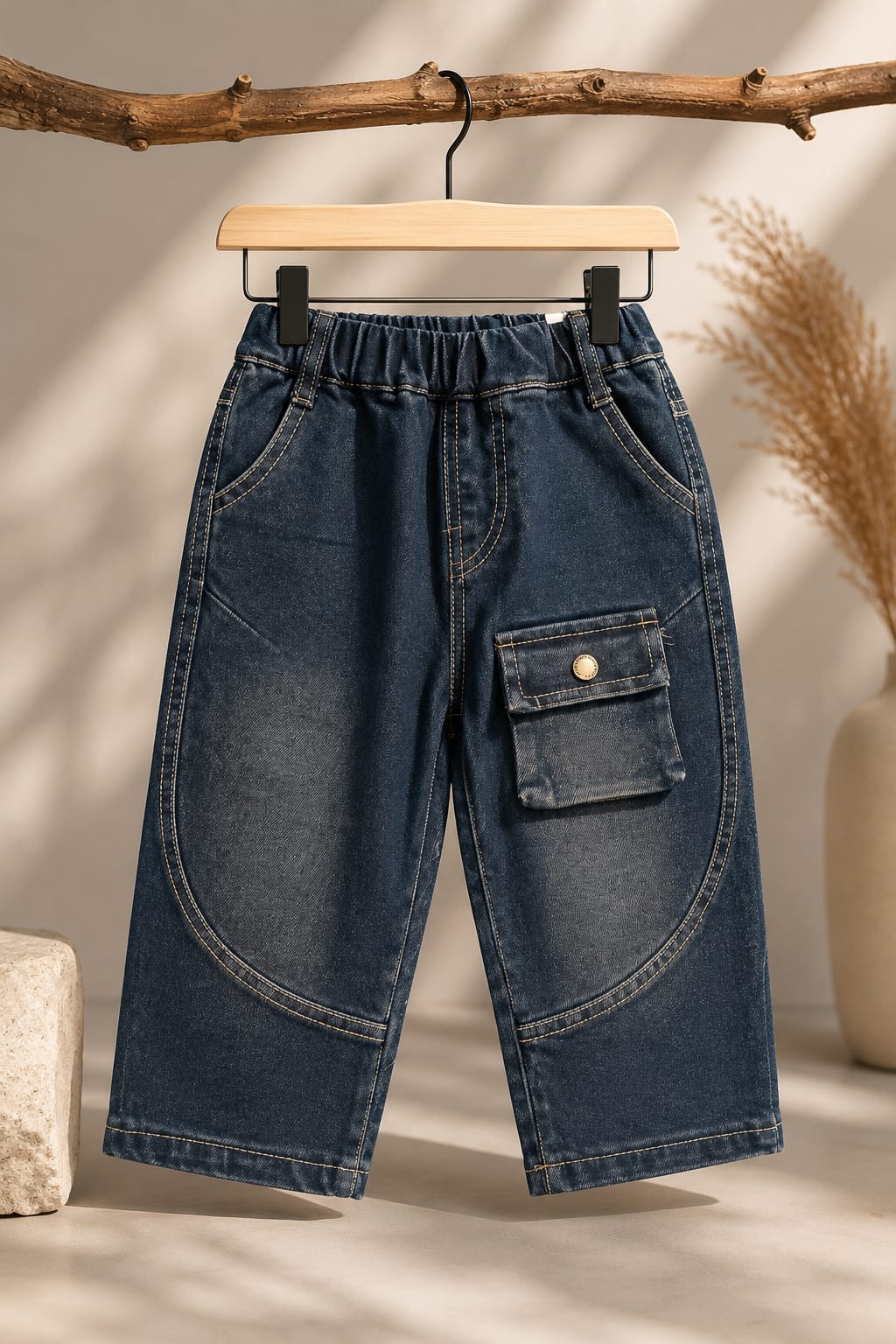 Kids Premium Denim Cargo Jeans | Single Utility Pocket | Elastic Waist | Size 18-26