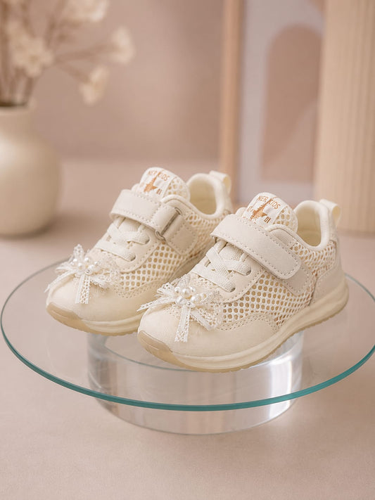 Baby Girls Pearl Bow Casual Shoes | Soft Mesh Velcro Sneakers (EU 17–21)