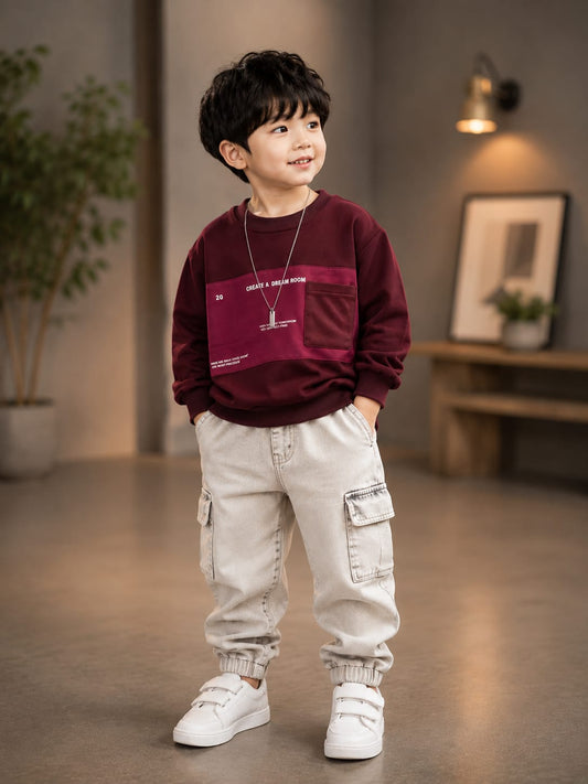 Kids Maroon Graphic Print Full Sleeve Sweatshirt | Premium Casual Wear for Boys | Size 18–26