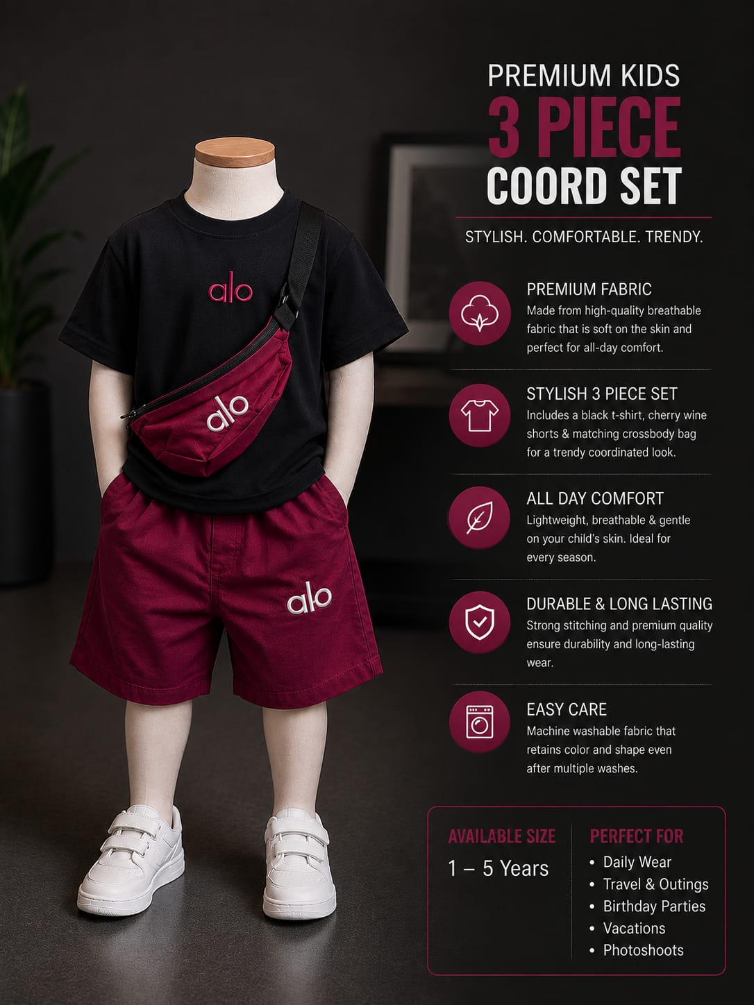 Kids 3 Pcs Summer Cord Set with Crossbody Sling Bag | Premium Casual Outfit | Size 18–26