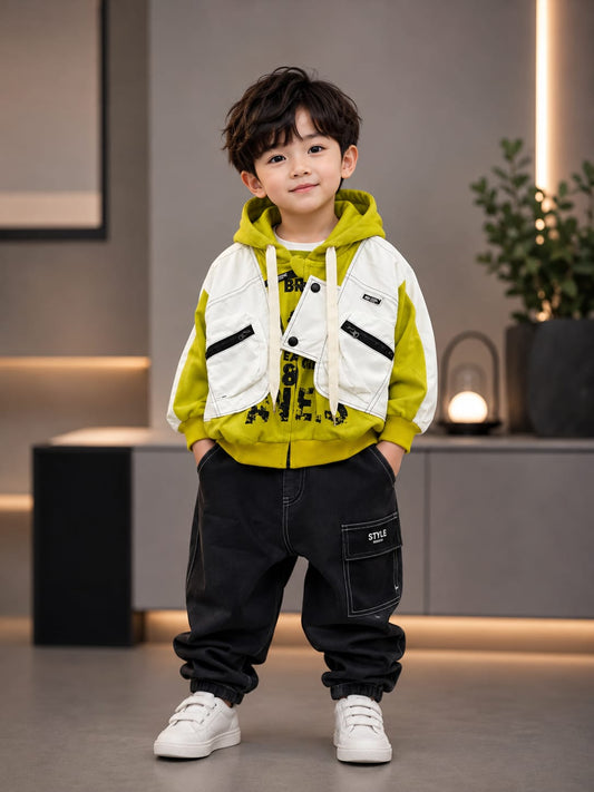 Kids Premium Hooded Utility Jacket | Stylish Casual Zip-Up Jacket for Boys | Green & White | Size 18–26
