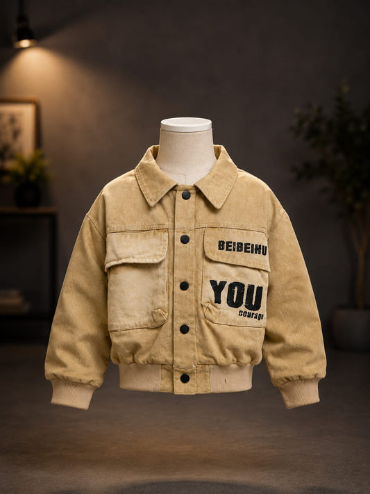 Kids Premium Casual Bomber Jacket | Stylish Button-Up Jacket for Boys | Beige | Size 18–26