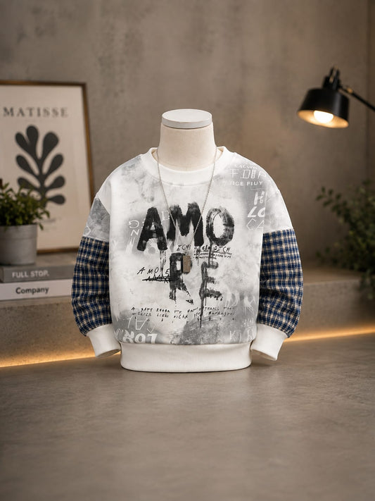 Kids White Graphic Print Full Sleeve Sweatshirt | Premium Casual Wear for Boys | Size 18–26