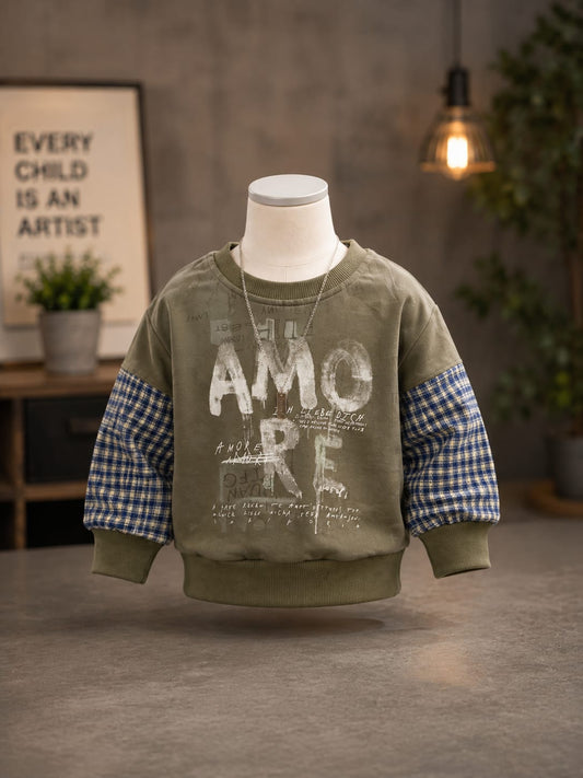 Kids Olive Green Graphic Print Full Sleeve Sweatshirt | Premium Casual Wear for Boys | Size 18–26: