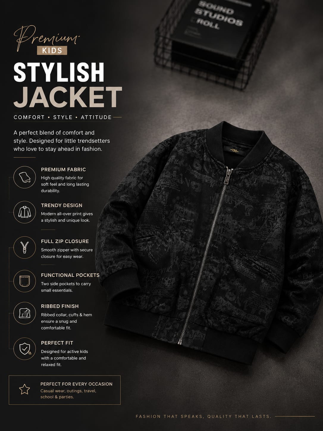 Premium Boys Black Printed Bomber Jacket | Stylish Zip-Up Casual Jacket | Size 6–12 Years