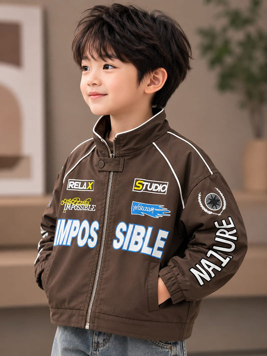 Premium Boys Brown Graphic Printed Zip-Up Jacket | Stylish Casual Jacket | Size 6–12 Years