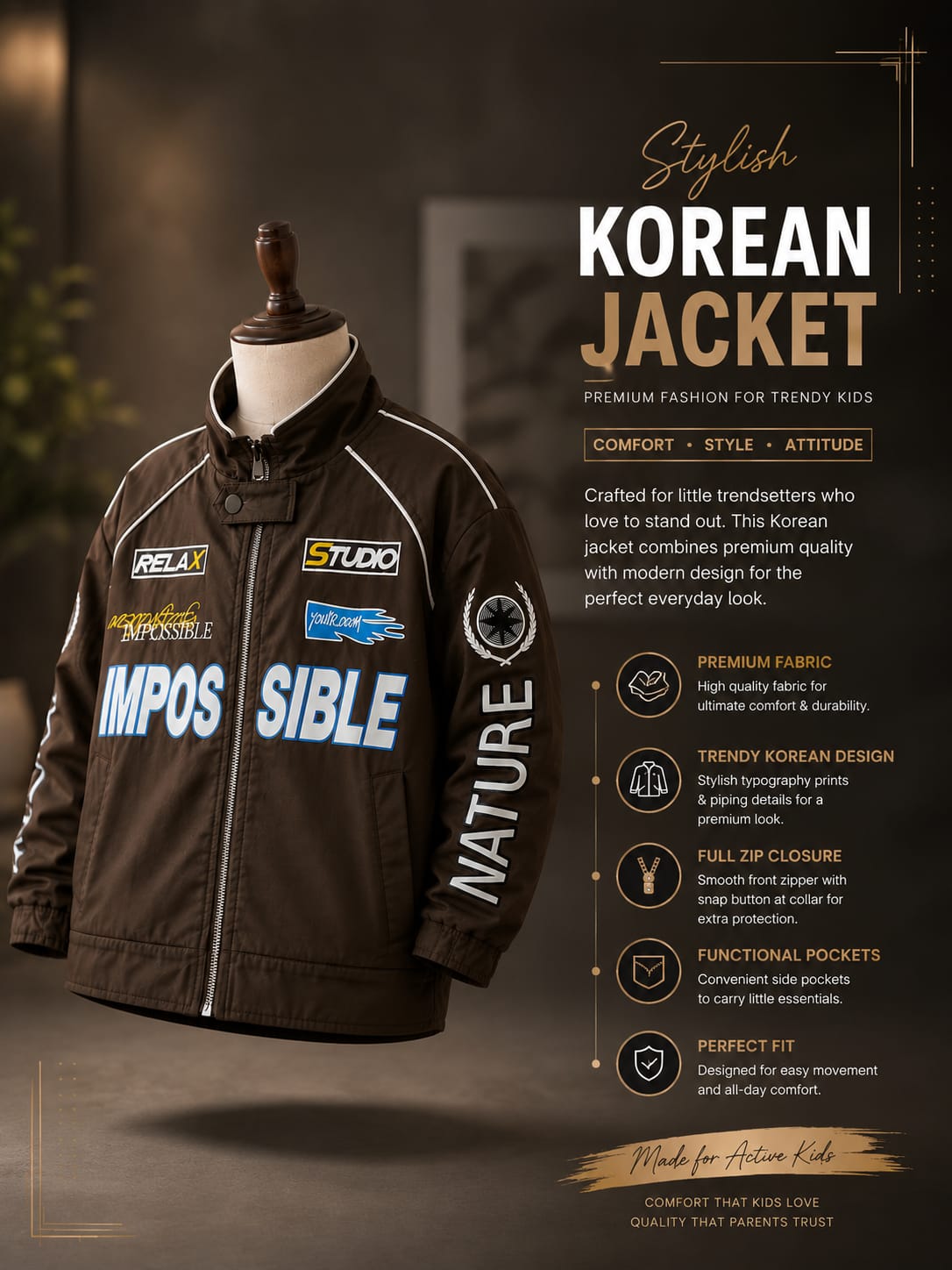 Premium Boys Brown Graphic Printed Zip-Up Jacket | Stylish Casual Jacket | Size 6–12 Years