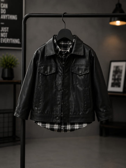 Premium Boys Black Faux Leather Jacket with Checked Shirt | Stylish Casual Jacket | Size 6–12 Years