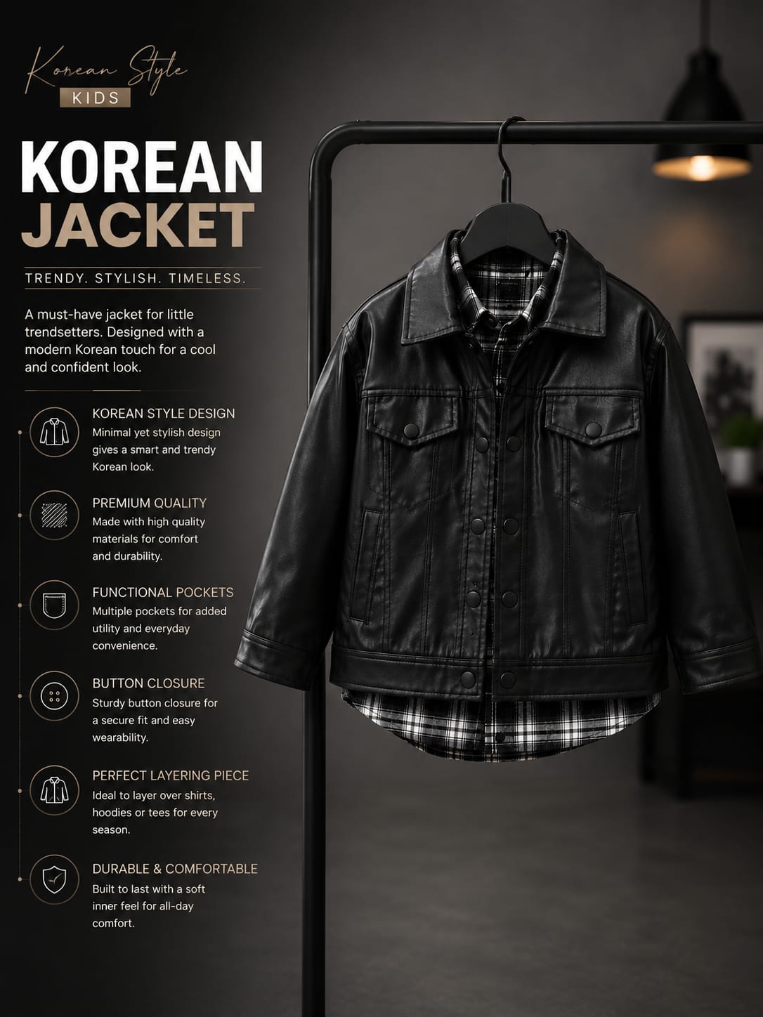 Premium Boys Black Faux Leather Jacket with Checked Shirt | Stylish Casual Jacket | Size 6–12 Years