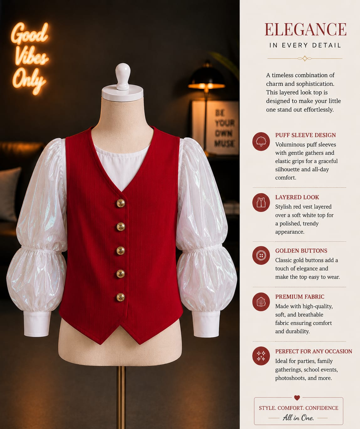 Girls Red Waistcoat Style Puff Sleeve Top