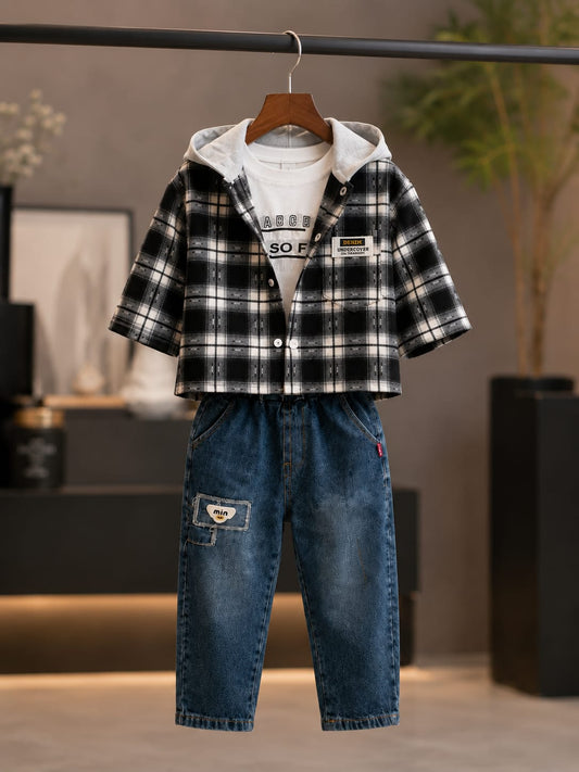 Boys Black & White Checked Shirt with T-Shirt & Denim Jeans 3-Piece Set | Sizes 18-26