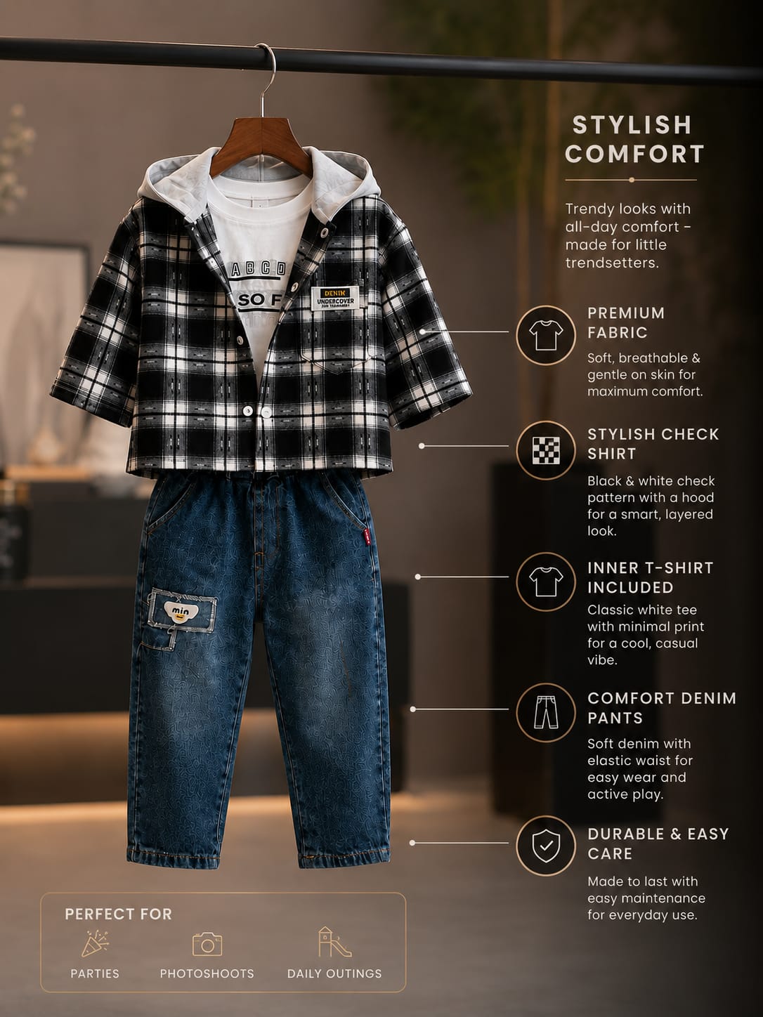 Boys Black & White Checked Shirt with T-Shirt & Denim Jeans 3-Piece Set | Sizes 18-26