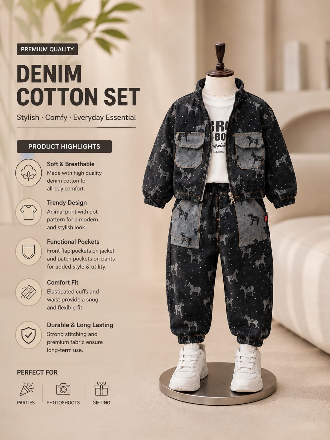 Boys Black Printed Jacket with T-Shirt & Jogger Set | 3-Piece Winter Outfit | Sizes 18-26