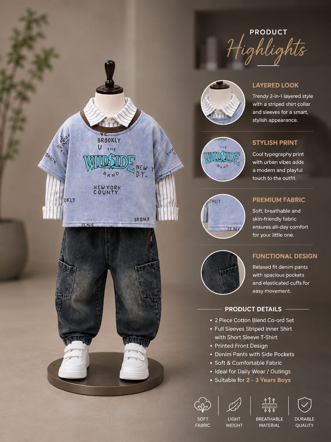 Boys Blue Printed T-Shirt with Striped Shirt & Black Cargo Jogger Set | 3-Piece Set | Sizes 18-26