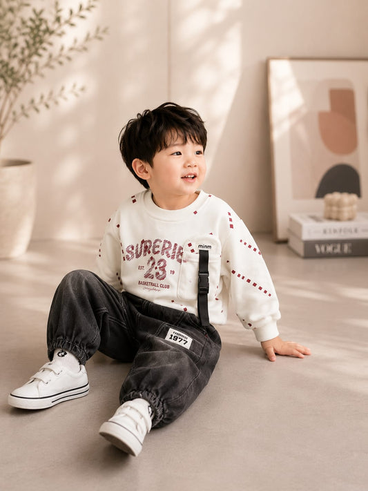 Boys White Printed Sweatshirt with Black Cargo Jogger Set | 2-Piece Set | Sizes 18-26