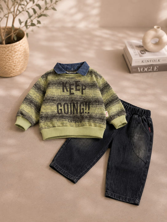 Boys Olive Green Printed Sweatshirt with Black Denim Jeans Set | 2-Piece Set | Sizes 18-26