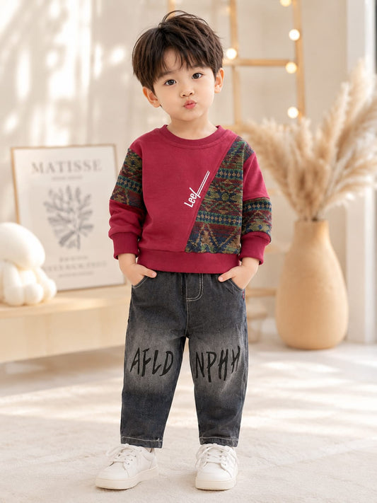 Boys Maroon Printed Sweatshirt with Grey Denim Jeans Set | 2-Piece Set | Sizes 18-26