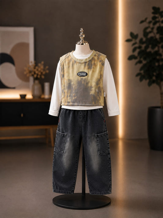 Boys Yellow Tie-Dye Vest with White T-Shirt & Black Cargo Jeans Set | 3-Piece Set | Sizes 18-26