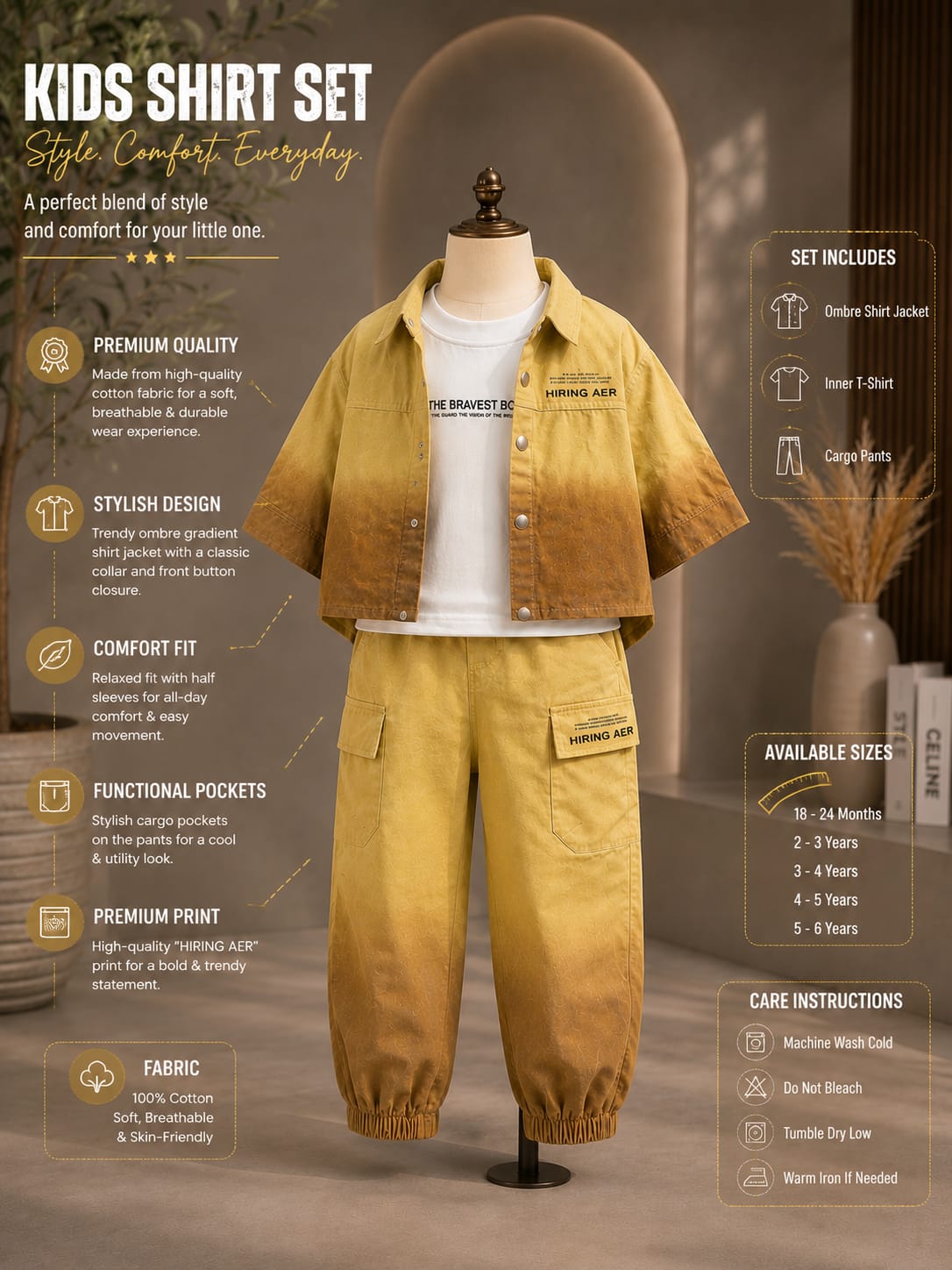 Boys Mustard Yellow Jacket with T-Shirt & Cargo Jogger Set | 3-Piece Set | Sizes 18-26